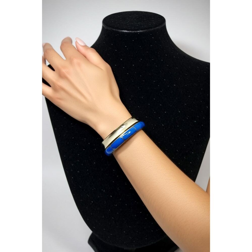 🧚🏻♀️ Vintage Enamel Bangle Set Blue Wooden & white enamel Stack Bracelets